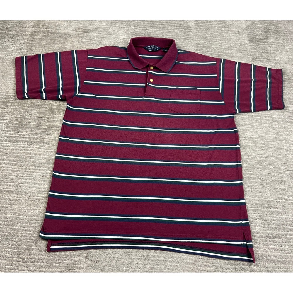 Chesterfield Polo Shirt Mens 2XL Maroon Striped Short Sleeve Chest Pocket Casual